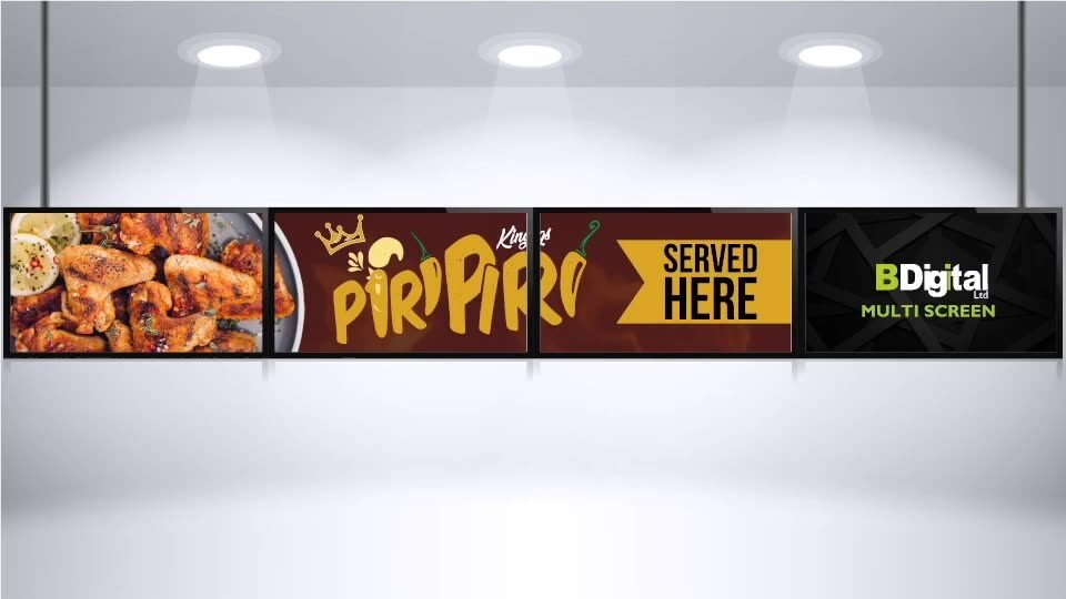 Run of landscape digital menu screens above a peri peri counter