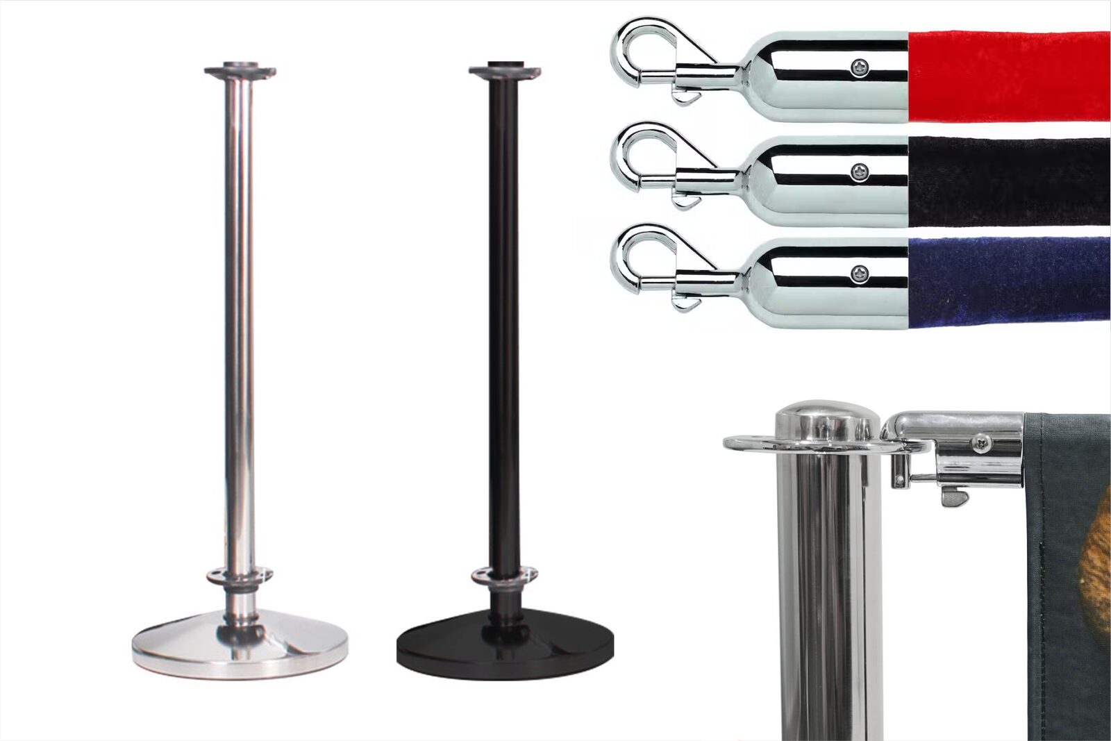 Chrome café barrier posts, bases and clip accessories