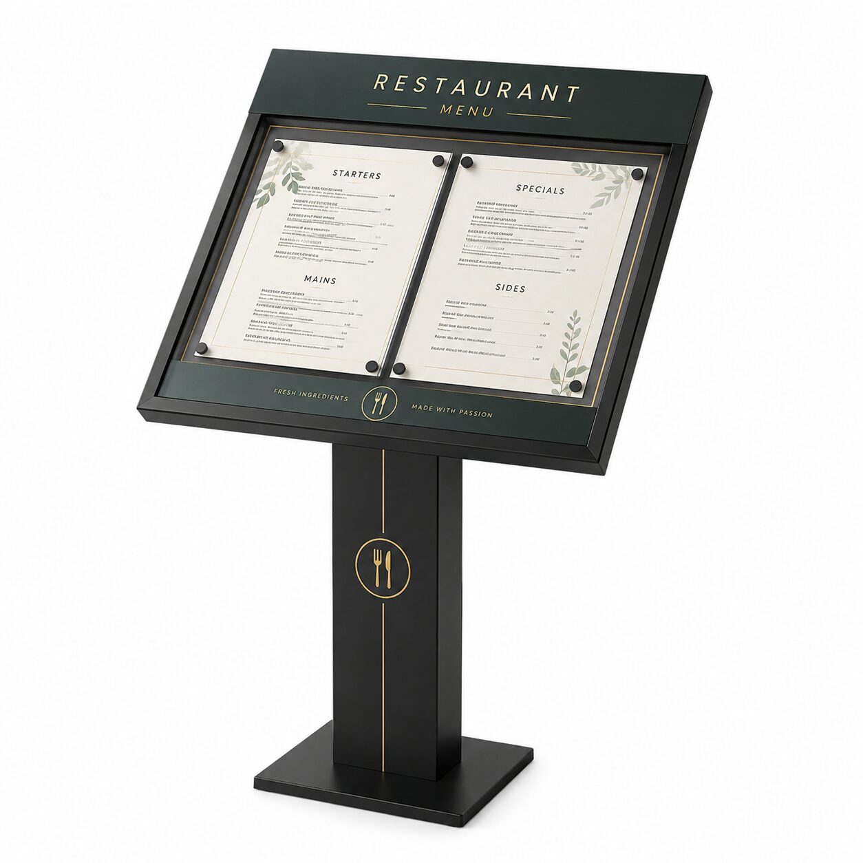 Post-mounted outdoor menu case beside a restaurant entrance