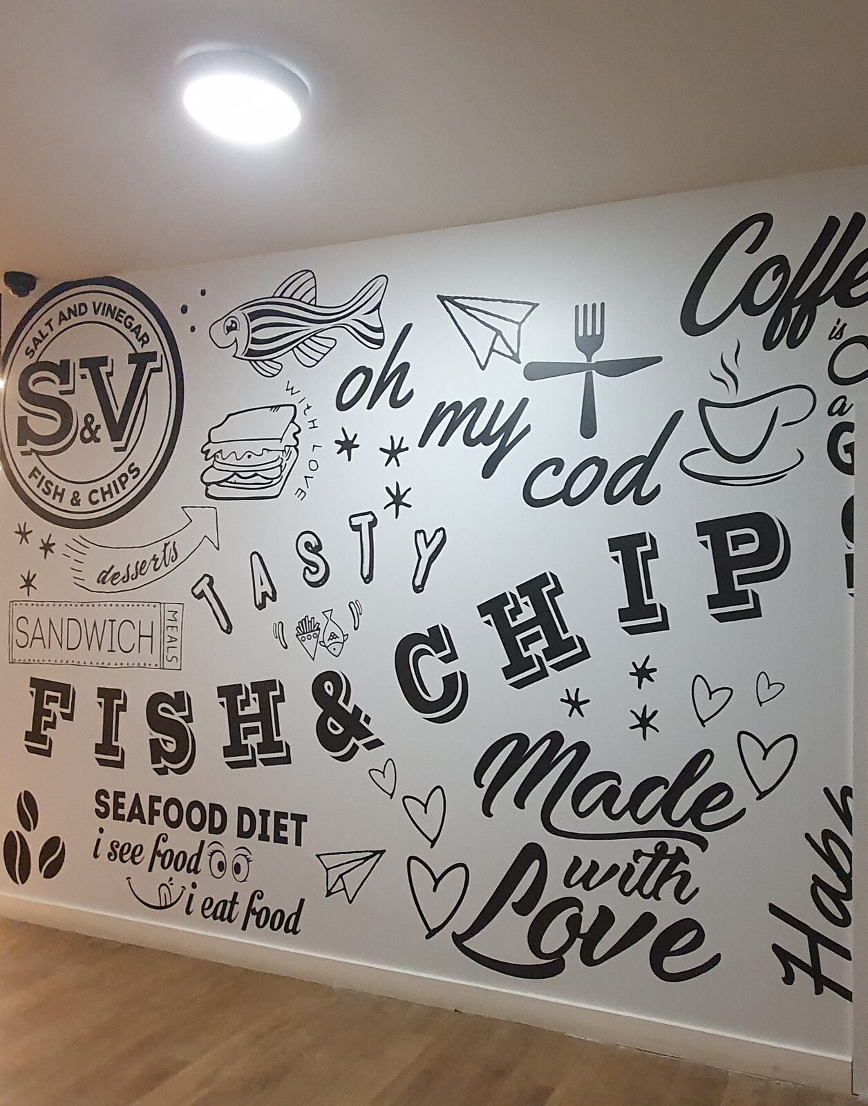 Fish and chip shop wall vinyl with hand-drawn lettering